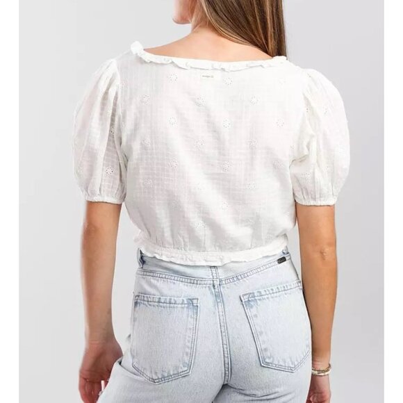 BILLABONG WRANGLER Simply Sweet Crop Top L White Eyelet VNeck Puff Sleeve Ruffle - Picture 3 of 9